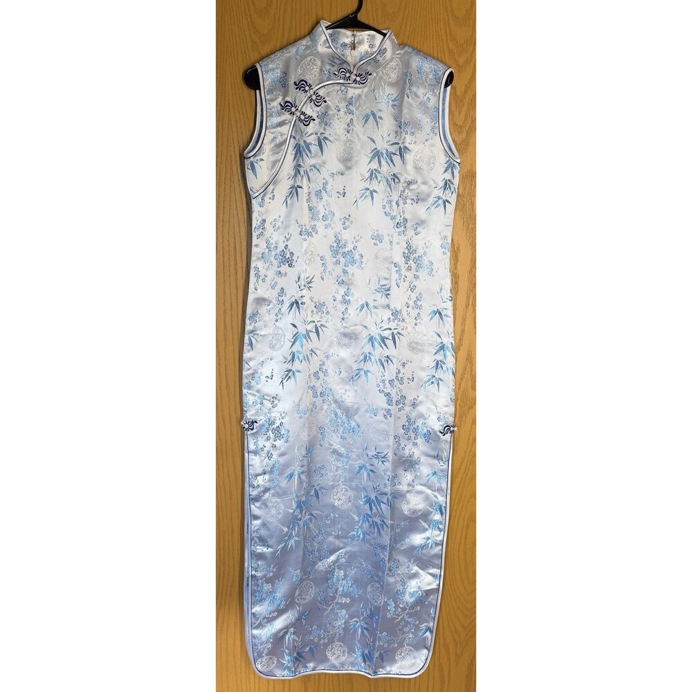 Blue Silky brocade maxi Sleeveless Asian Cheongsam floral bamboo slit side Qipao